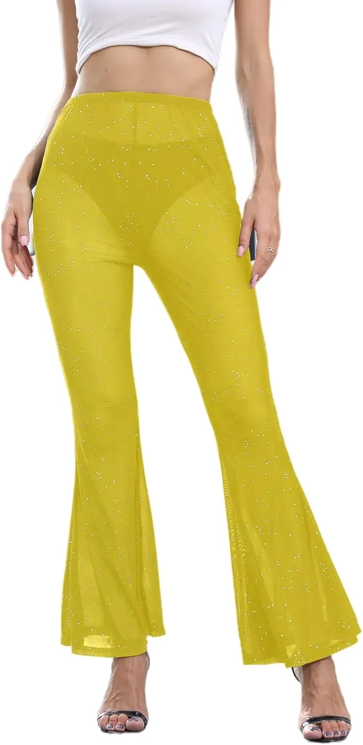 Women Rave Sheer Mesh Shiny Pants Flared High Waist Bell Bottom Pants for Party Dance Festival