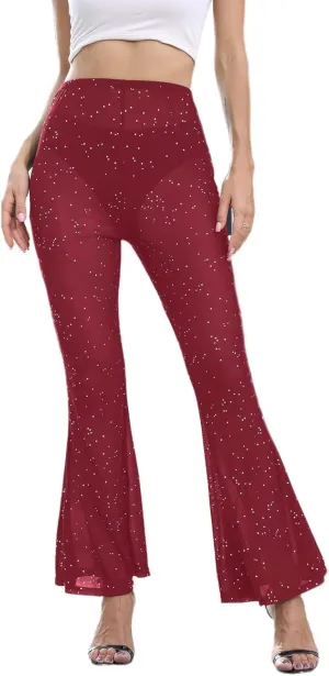 Women Rave Sheer Mesh Shiny Pants Flared High Waist Bell Bottom Pants for Party Dance Festival