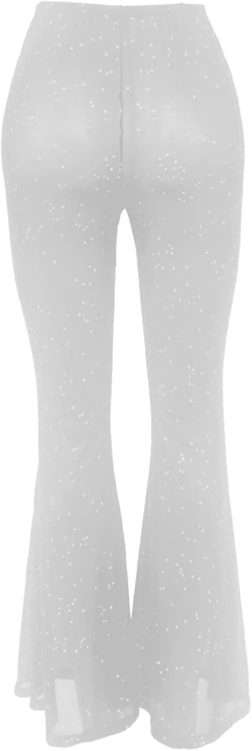 Women Rave Sheer Mesh Shiny Pants Flared High Waist Bell Bottom Pants for Party Dance Festival