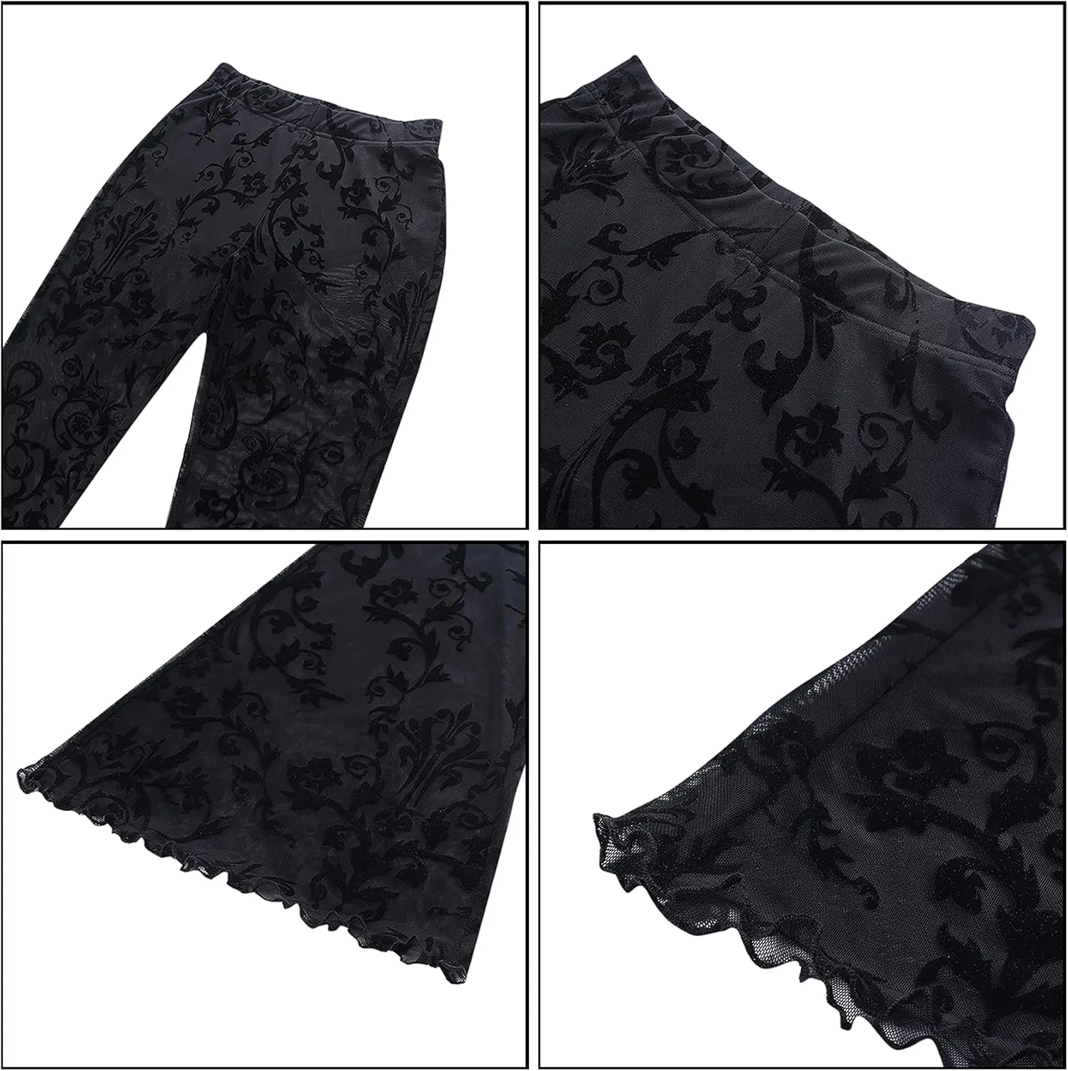 Women Rave Sheer Mesh Shiny Pants Flared High Waist Bell Bottom Pants for Party Dance Festival