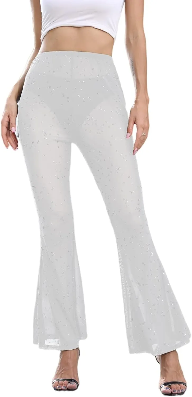 Women Rave Sheer Mesh Shiny Pants Flared High Waist Bell Bottom Pants for Party Dance Festival