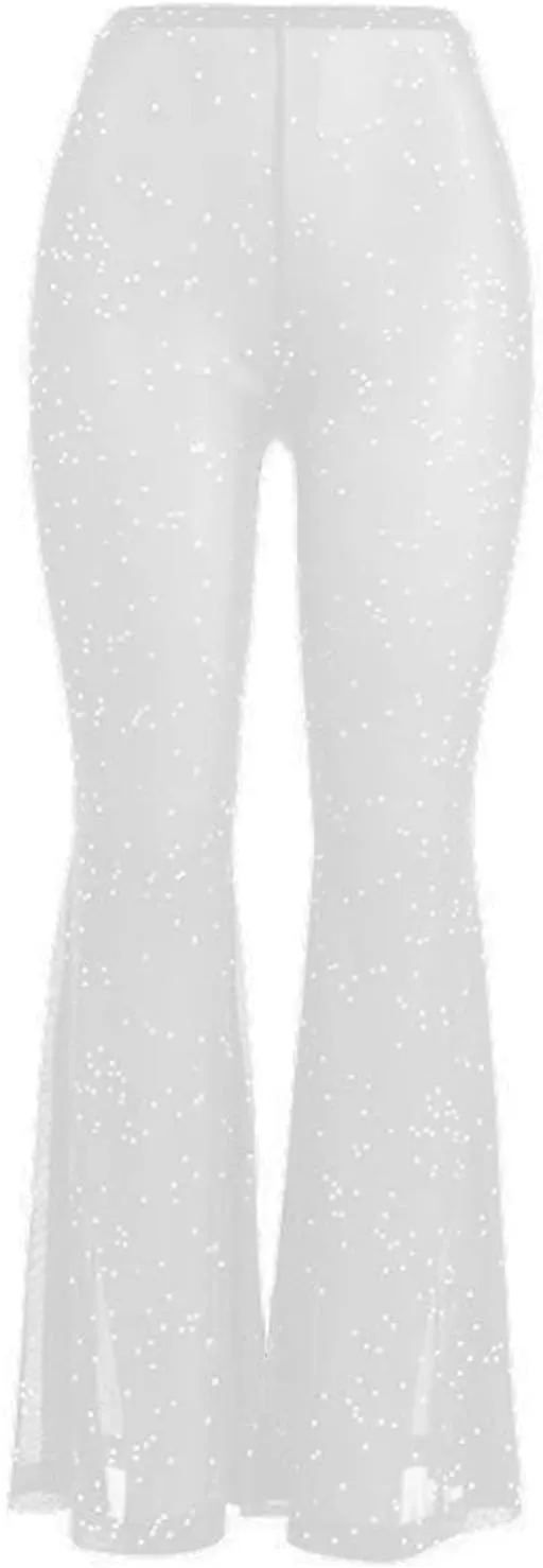 Women Rave Sheer Mesh Shiny Pants Flared High Waist Bell Bottom Pants for Party Dance Festival