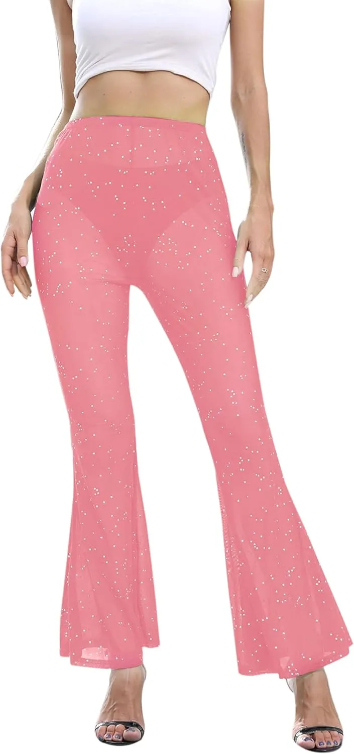 Women Rave Sheer Mesh Shiny Pants Flared High Waist Bell Bottom Pants for Party Dance Festival
