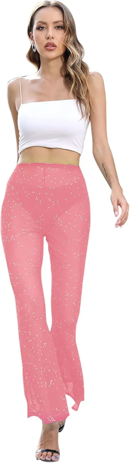 Women Rave Sheer Mesh Shiny Pants Flared High Waist Bell Bottom Pants for Party Dance Festival