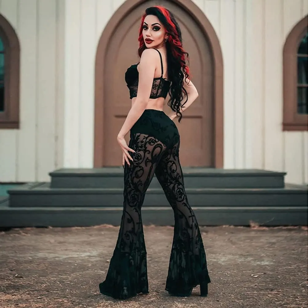 Women Rave Sheer Mesh Shiny Pants Flared High Waist Bell Bottom Pants for Party Dance Festival