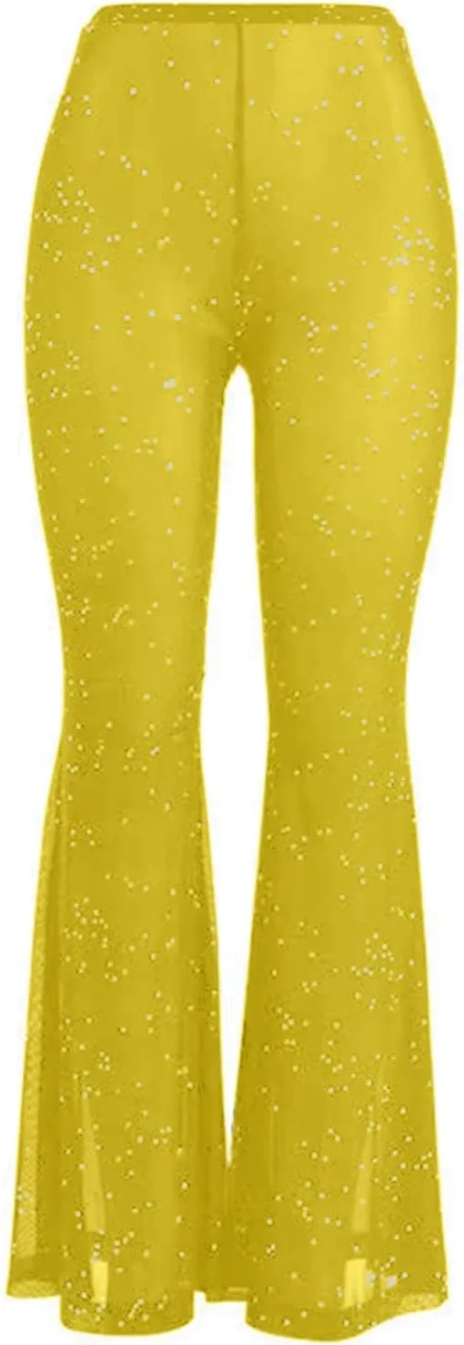 Women Rave Sheer Mesh Shiny Pants Flared High Waist Bell Bottom Pants for Party Dance Festival