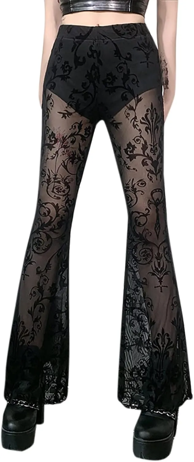 Women Rave Sheer Mesh Shiny Pants Flared High Waist Bell Bottom Pants for Party Dance Festival