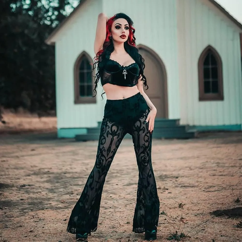 Women Rave Sheer Mesh Shiny Pants Flared High Waist Bell Bottom Pants for Party Dance Festival
