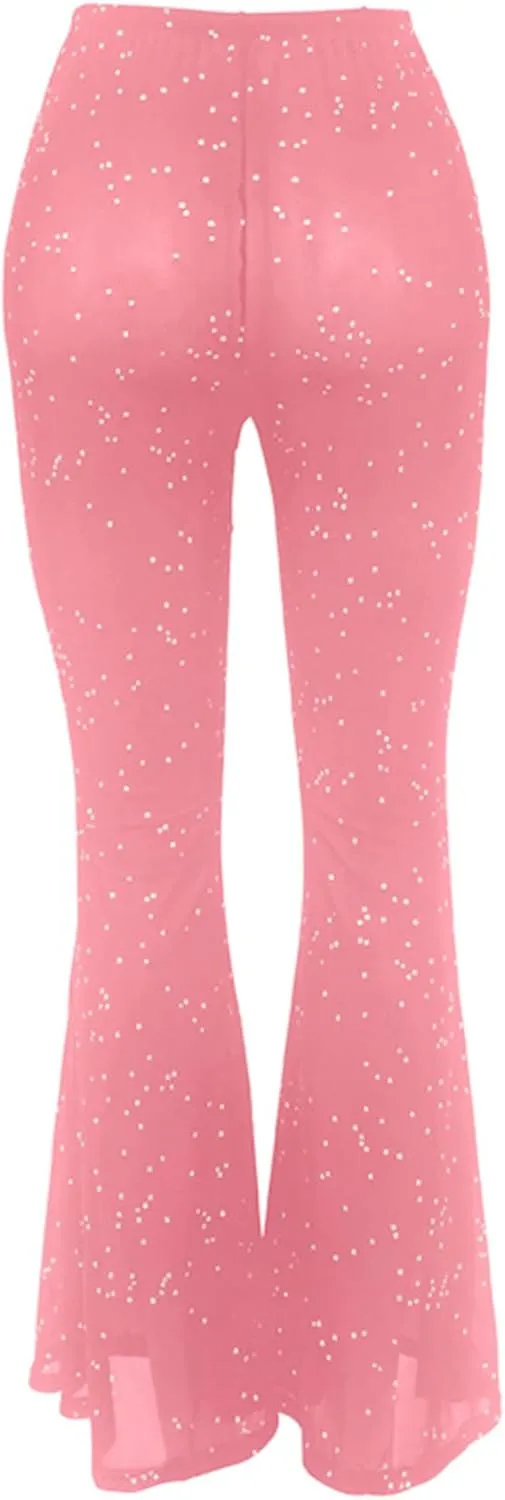 Women Rave Sheer Mesh Shiny Pants Flared High Waist Bell Bottom Pants for Party Dance Festival
