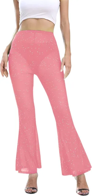 Women Rave Sheer Mesh Shiny Pants Flared High Waist Bell Bottom Pants for Party Dance Festival