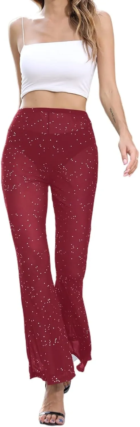 Women Rave Sheer Mesh Shiny Pants Flared High Waist Bell Bottom Pants for Party Dance Festival