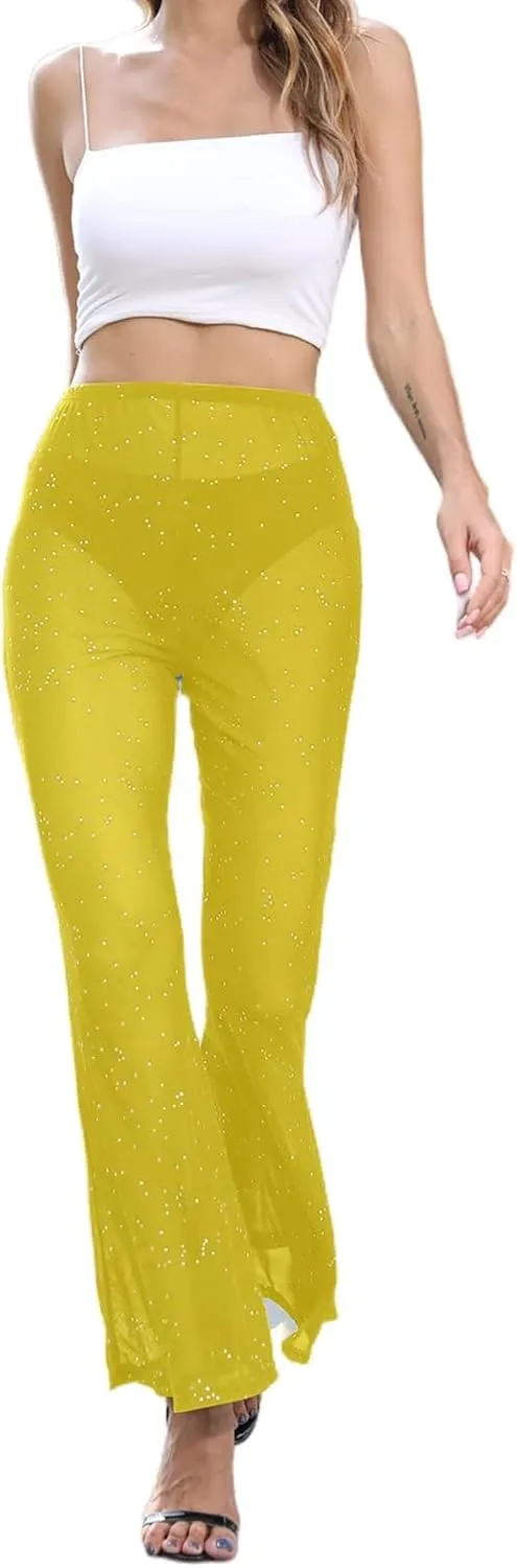 Women Rave Sheer Mesh Shiny Pants Flared High Waist Bell Bottom Pants for Party Dance Festival