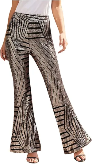 Women Sequin Bell Bottom Pants Glitter Sparkle High Waist Flared Wide Leg Shiny Trousers Night Out Clubwear