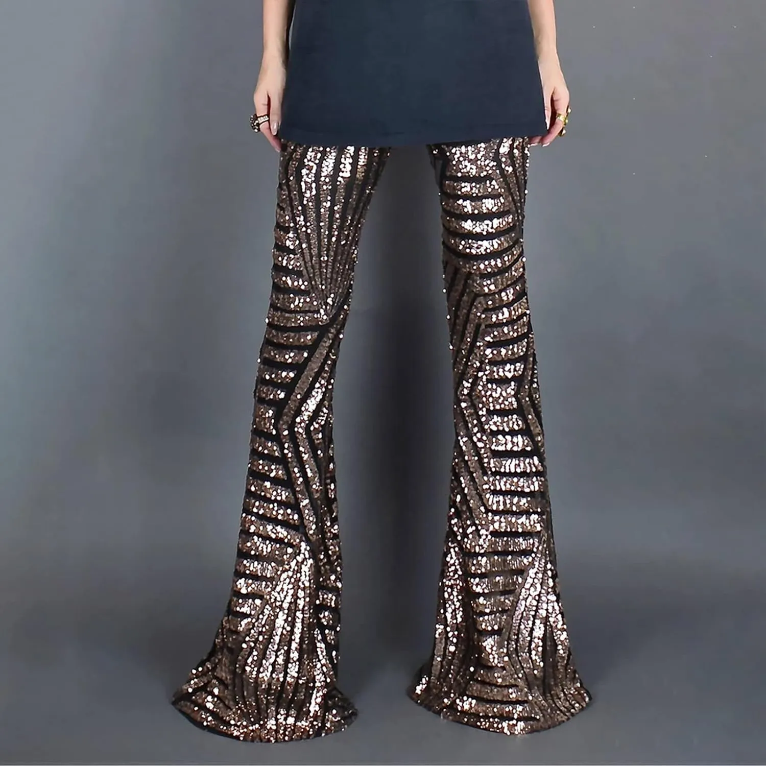 Women Sequin Bell Bottom Pants Glitter Sparkle High Waist Flared Wide Leg Shiny Trousers Night Out Clubwear