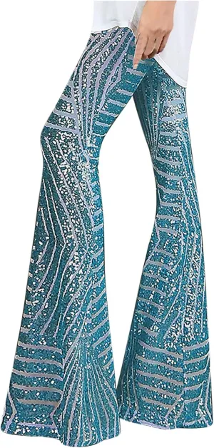 Women Sequin Bell Bottom Pants Glitter Sparkle High Waist Flared Wide Leg Shiny Trousers Night Out Clubwear