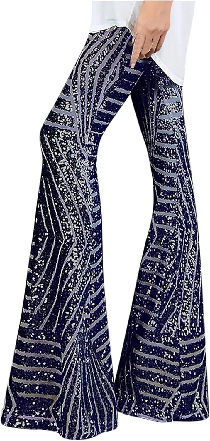 Women Sequin Bell Bottom Pants Glitter Sparkle High Waist Flared Wide Leg Shiny Trousers Night Out Clubwear