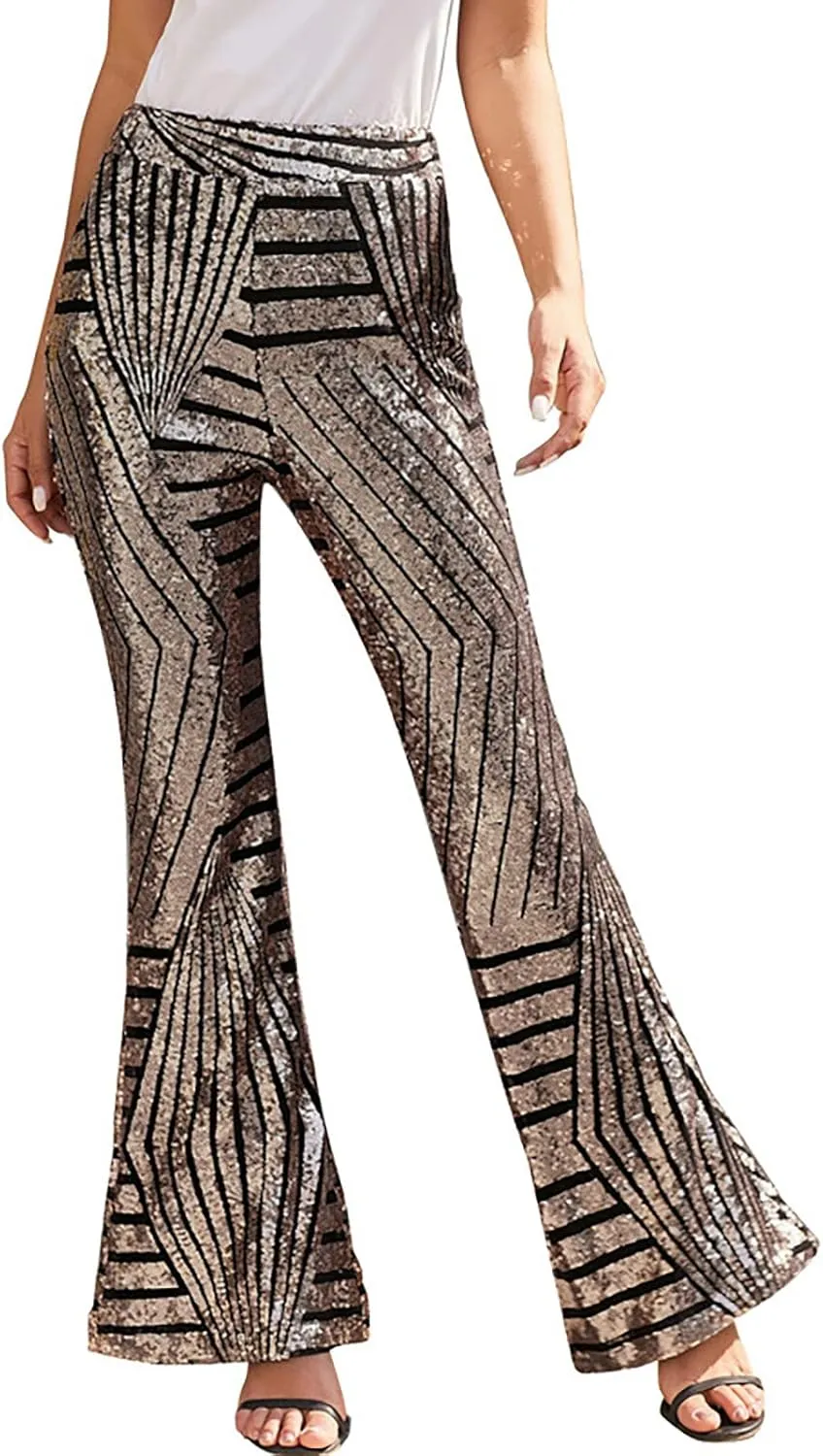 Women Sequin Bell Bottom Pants Glitter Sparkle High Waist Flared Wide Leg Shiny Trousers Night Out Clubwear