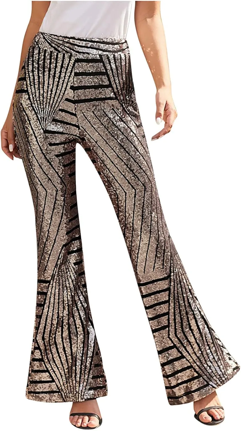 Women Sequin Bell Bottom Pants Glitter Sparkle High Waist Flared Wide Leg Shiny Trousers Night Out Clubwear