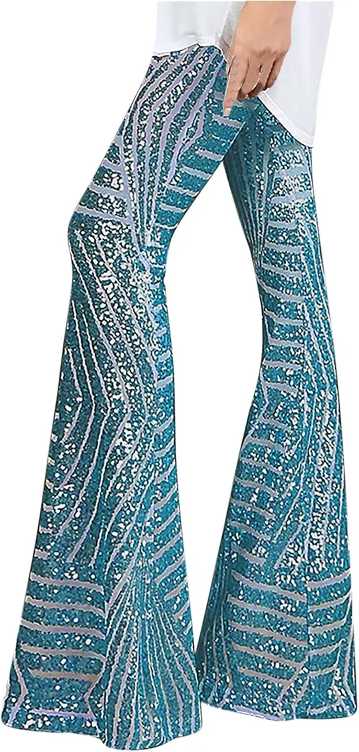 Women Sequin Bell Bottom Pants Glitter Sparkle High Waist Flared Wide Leg Shiny Trousers Night Out Clubwear