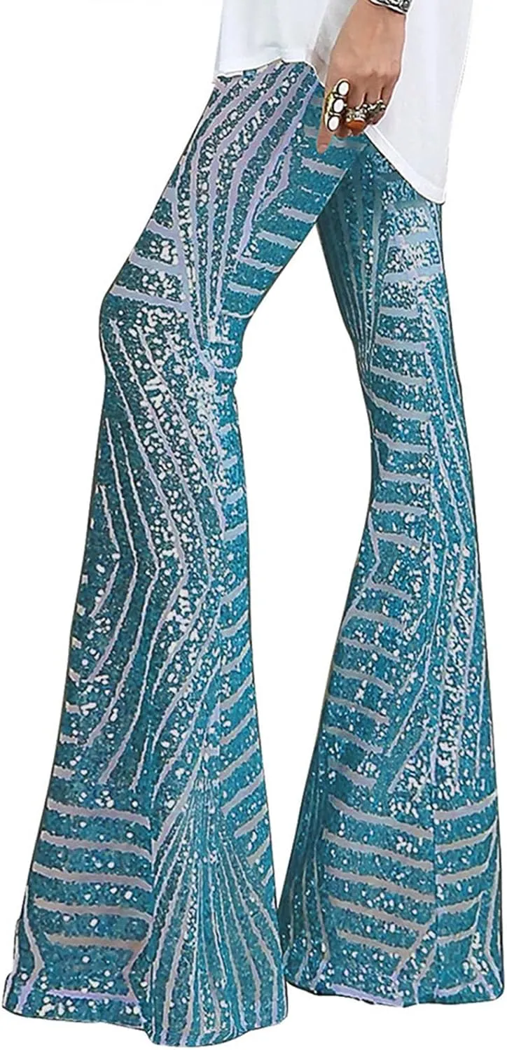 Women Sequin Bell Bottom Pants Glitter Sparkle High Waist Flared Wide Leg Shiny Trousers Night Out Clubwear