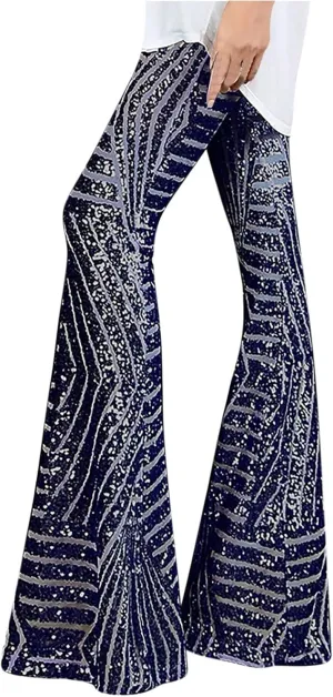 Women Sequin Bell Bottom Pants Glitter Sparkle High Waist Flared Wide Leg Shiny Trousers Night Out Clubwear