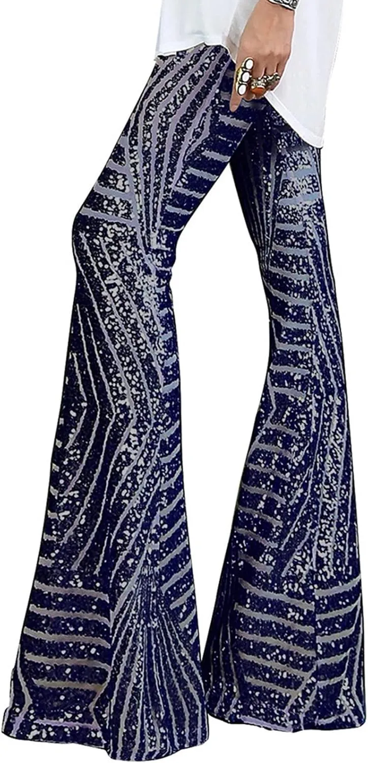 Women Sequin Bell Bottom Pants Glitter Sparkle High Waist Flared Wide Leg Shiny Trousers Night Out Clubwear