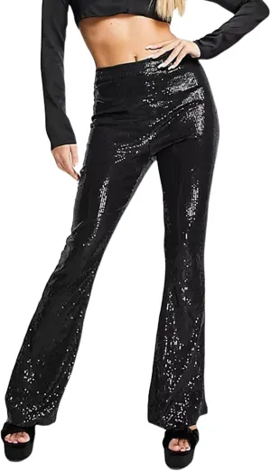 Women Sequin Flared Pants Sparkly Glitter High Waist Long Palazzo Bell Bottom Club Party Flared Trousers