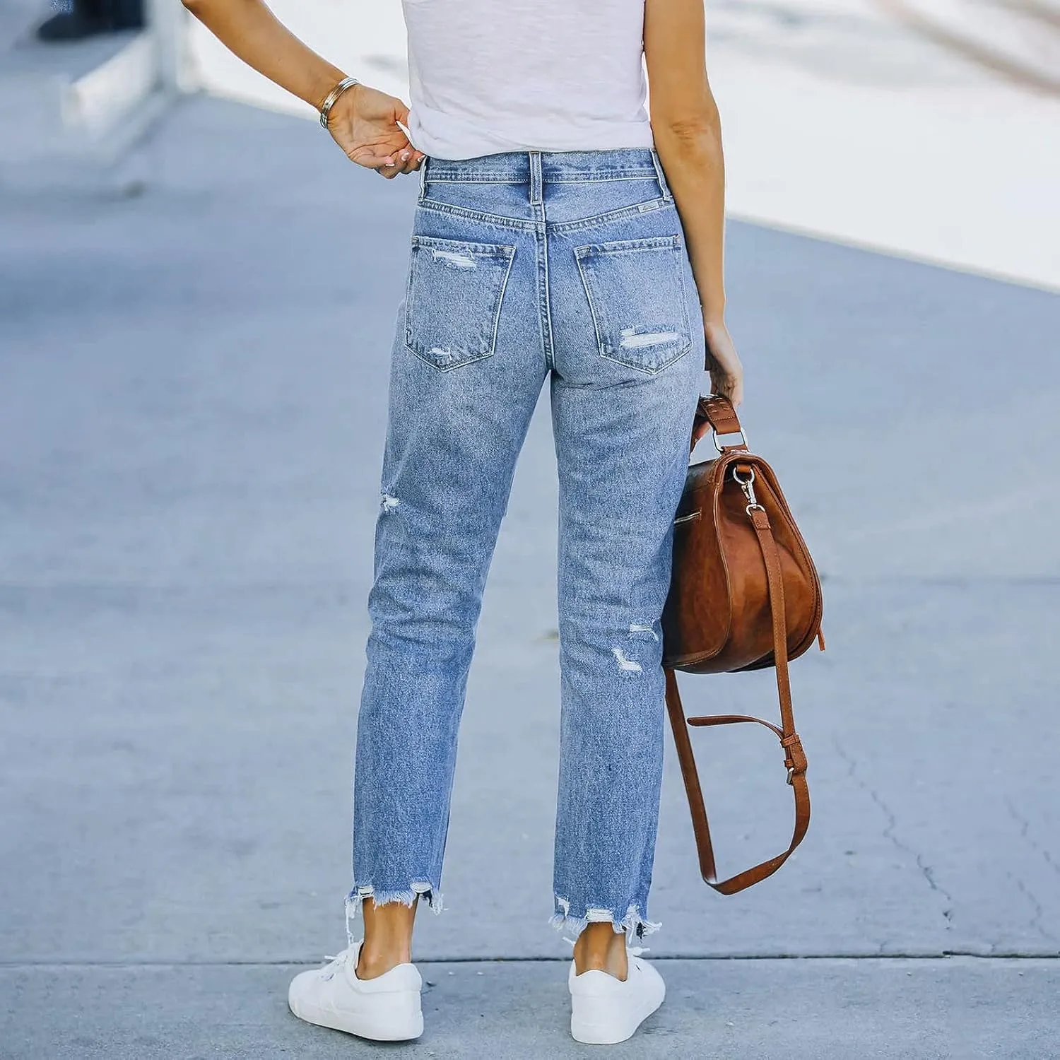 Women Stretchy High Waisted Straight Leg Ripped Jeans Frayed Ankle Denim Pants Bell Bottom Pants for