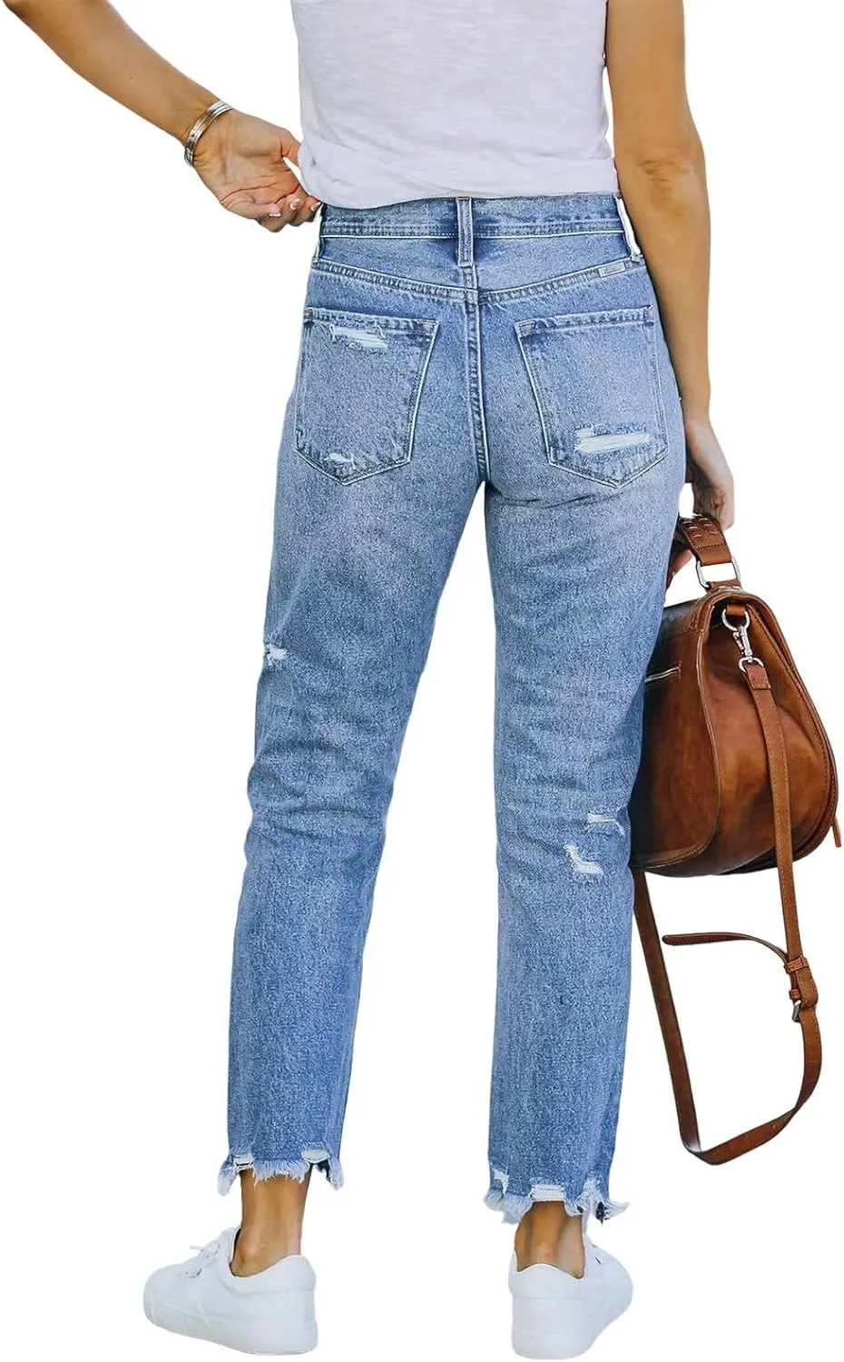 Women Stretchy High Waisted Straight Leg Ripped Jeans Frayed Ankle Denim Pants Bell Bottom Pants for
