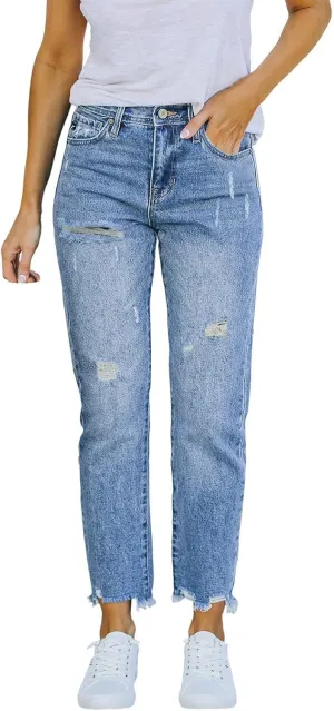 Women Stretchy High Waisted Straight Leg Ripped Jeans Frayed Ankle Denim Pants Bell Bottom Pants for