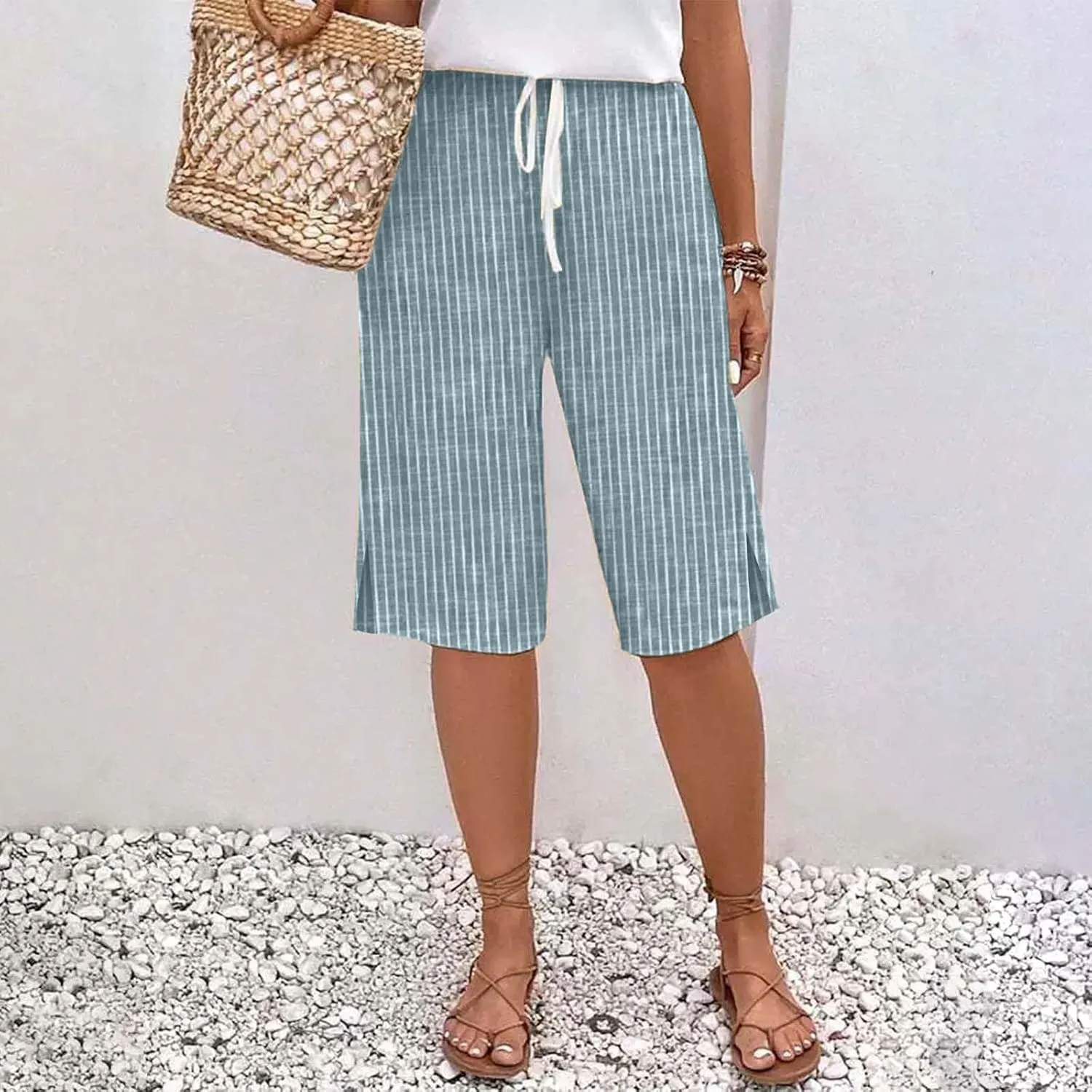 Women Summer Lightweight Linen Shorts Trendy Stripe Casual Beach Palazzo Trouser Quick-Dry Vacation Active Sport Pant