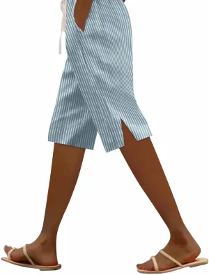 Women Summer Lightweight Linen Shorts Trendy Stripe Casual Beach Palazzo Trouser Quick-Dry Vacation Active Sport Pant
