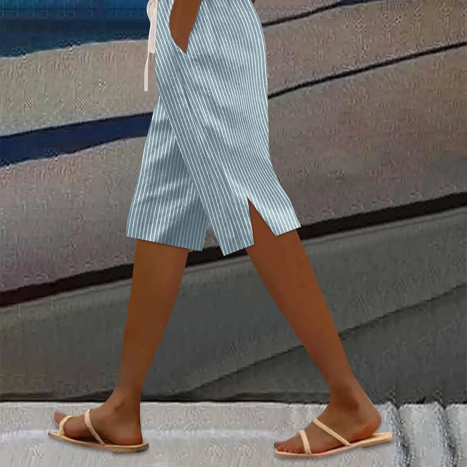 Women Summer Lightweight Linen Shorts Trendy Stripe Casual Beach Palazzo Trouser Quick-Dry Vacation Active Sport Pant