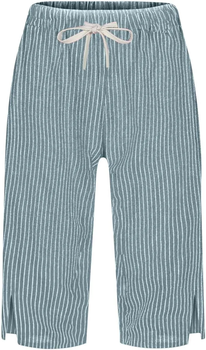 Women Summer Lightweight Linen Shorts Trendy Stripe Casual Beach Palazzo Trouser Quick-Dry Vacation Active Sport Pant