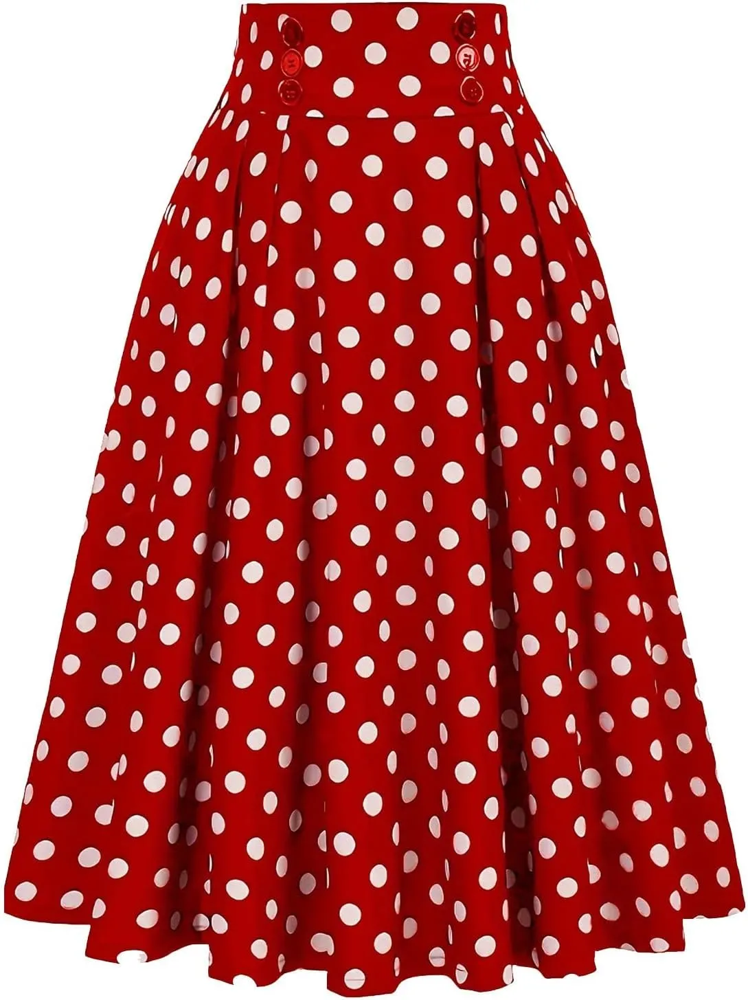Women Vintage Polka Dot Print A Line Midi Skirt High Waist Pleated Cocktail Swing Flared Skirts