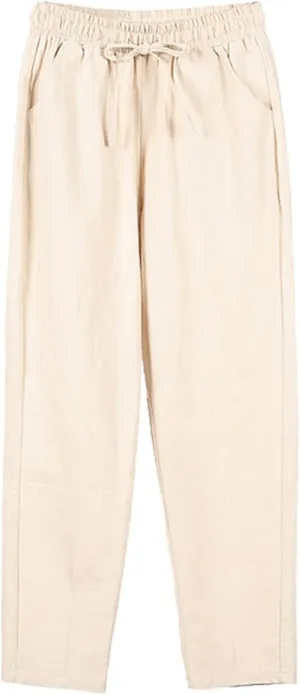 Women Wide Leg Linen Pant Summer Casual Pleated High Waist Drawstring Trouser Office Dress Tummy Control Trendy Pants