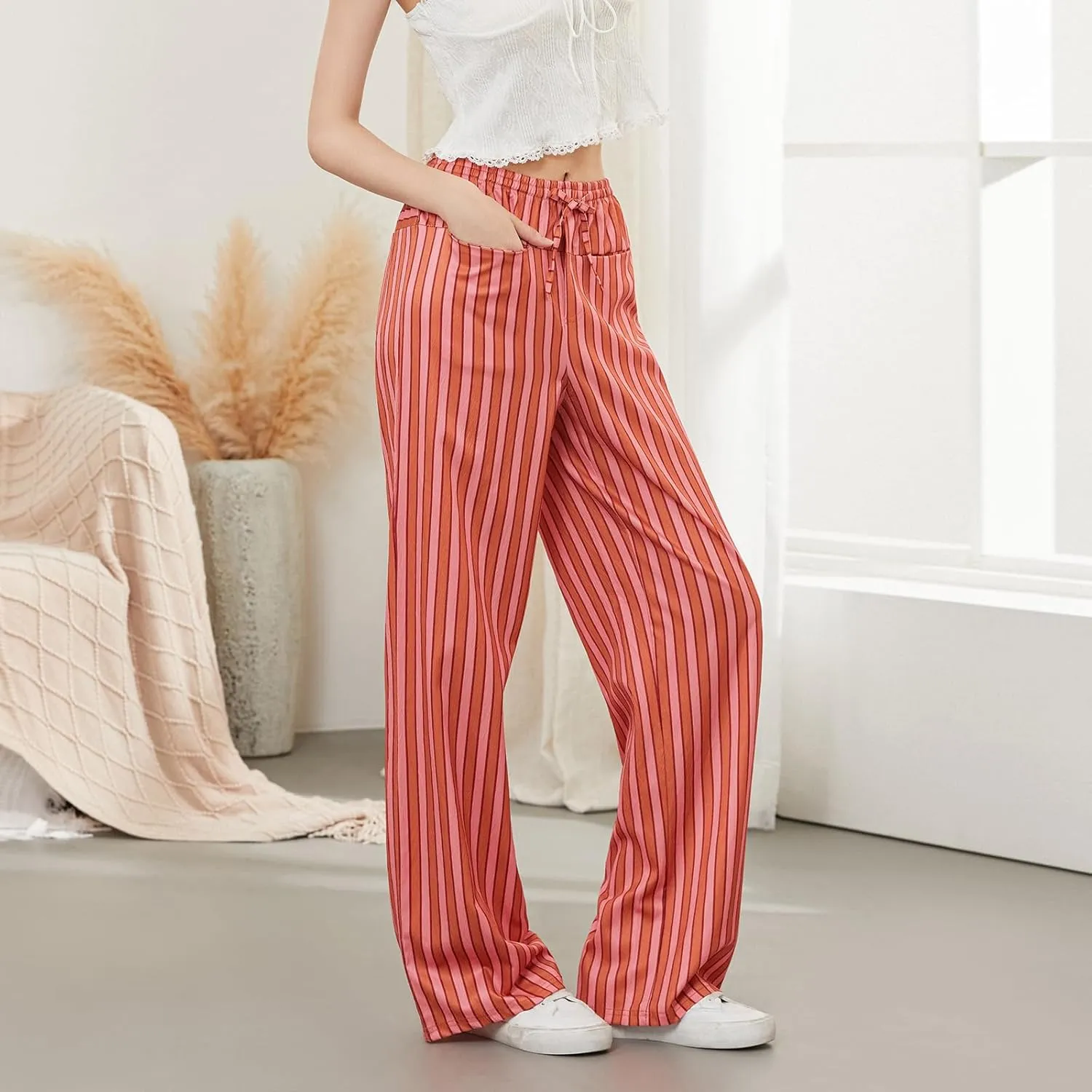 Women Y2k Striped Long Pants Wide Leg Stripes Print Lounge Pants High Waist Drawstring Striped Trousers