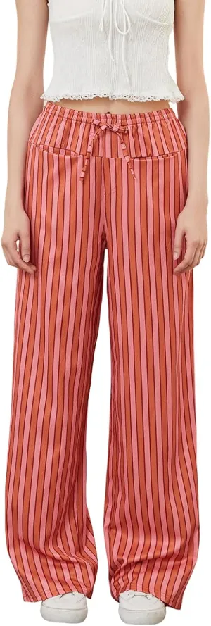 Women Y2k Striped Long Pants Wide Leg Stripes Print Lounge Pants High Waist Drawstring Striped Trousers