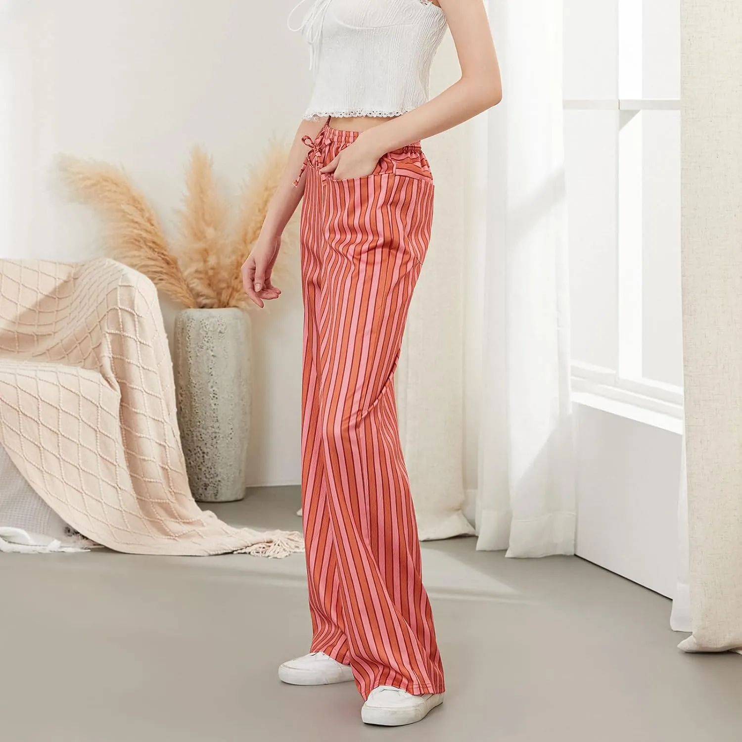 Women Y2k Striped Long Pants Wide Leg Stripes Print Lounge Pants High Waist Drawstring Striped Trousers
