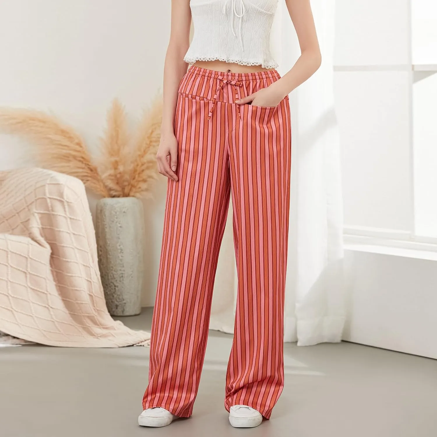 Women Y2k Striped Long Pants Wide Leg Stripes Print Lounge Pants High Waist Drawstring Striped Trousers