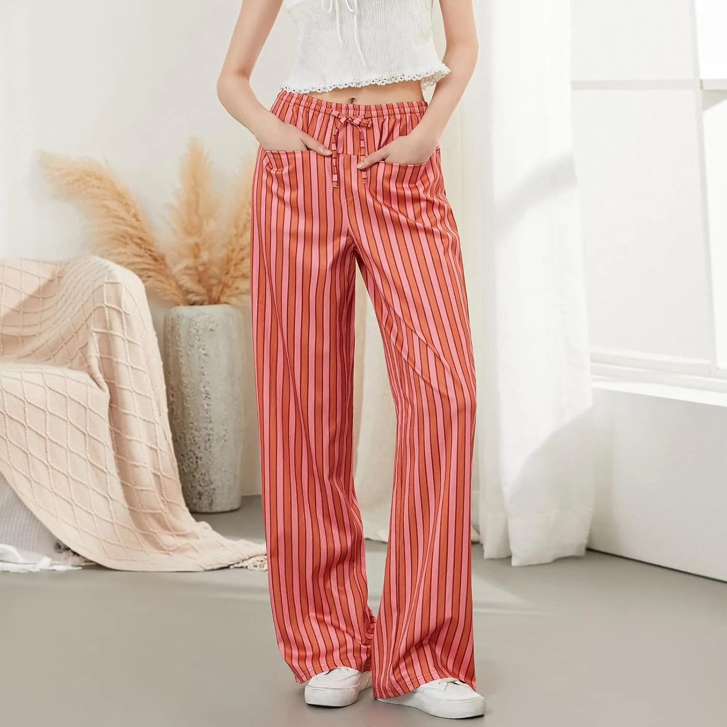Women Y2k Striped Long Pants Wide Leg Stripes Print Lounge Pants High Waist Drawstring Striped Trousers