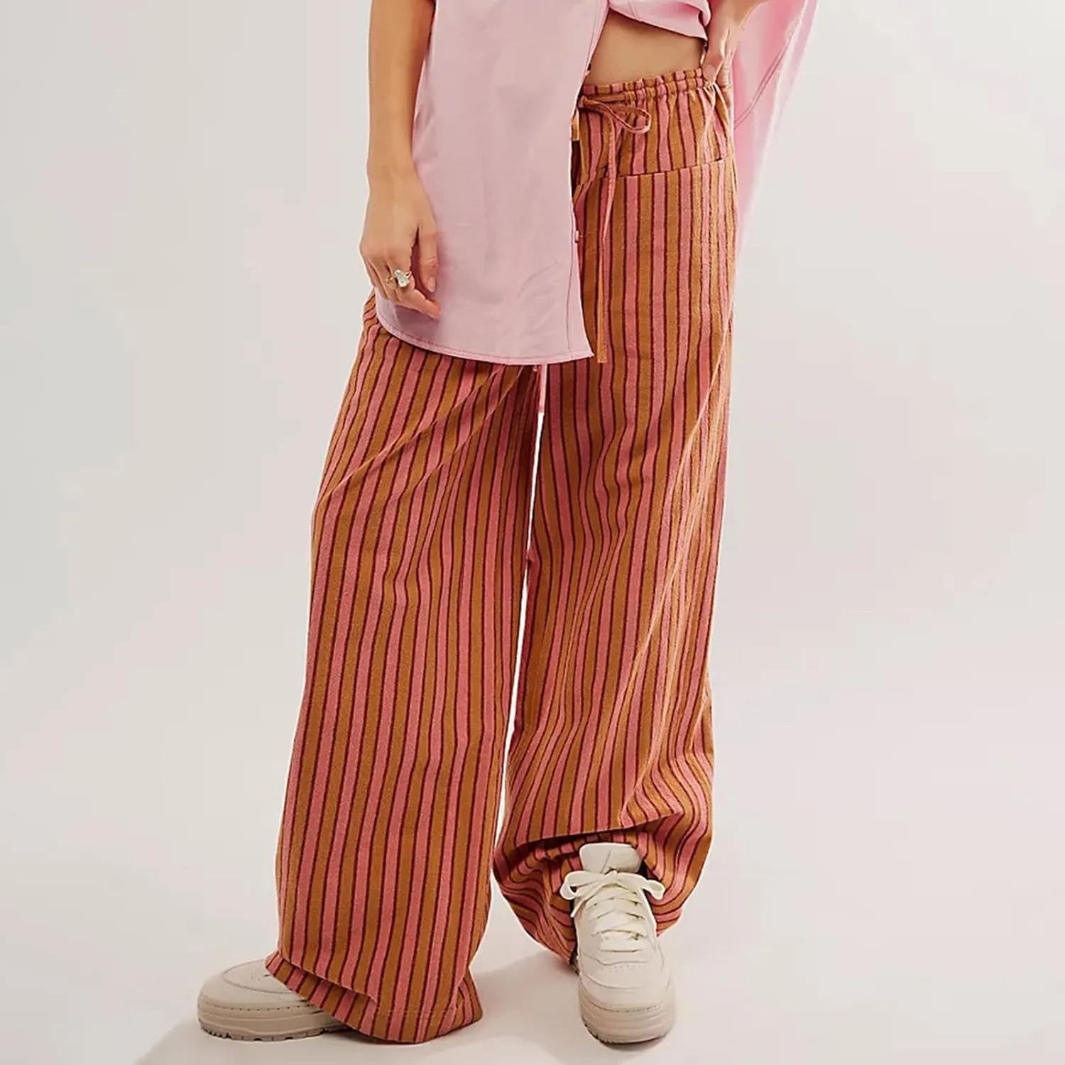 Women Y2k Striped Long Pants Wide Leg Stripes Print Lounge Pants High Waist Drawstring Striped Trousers