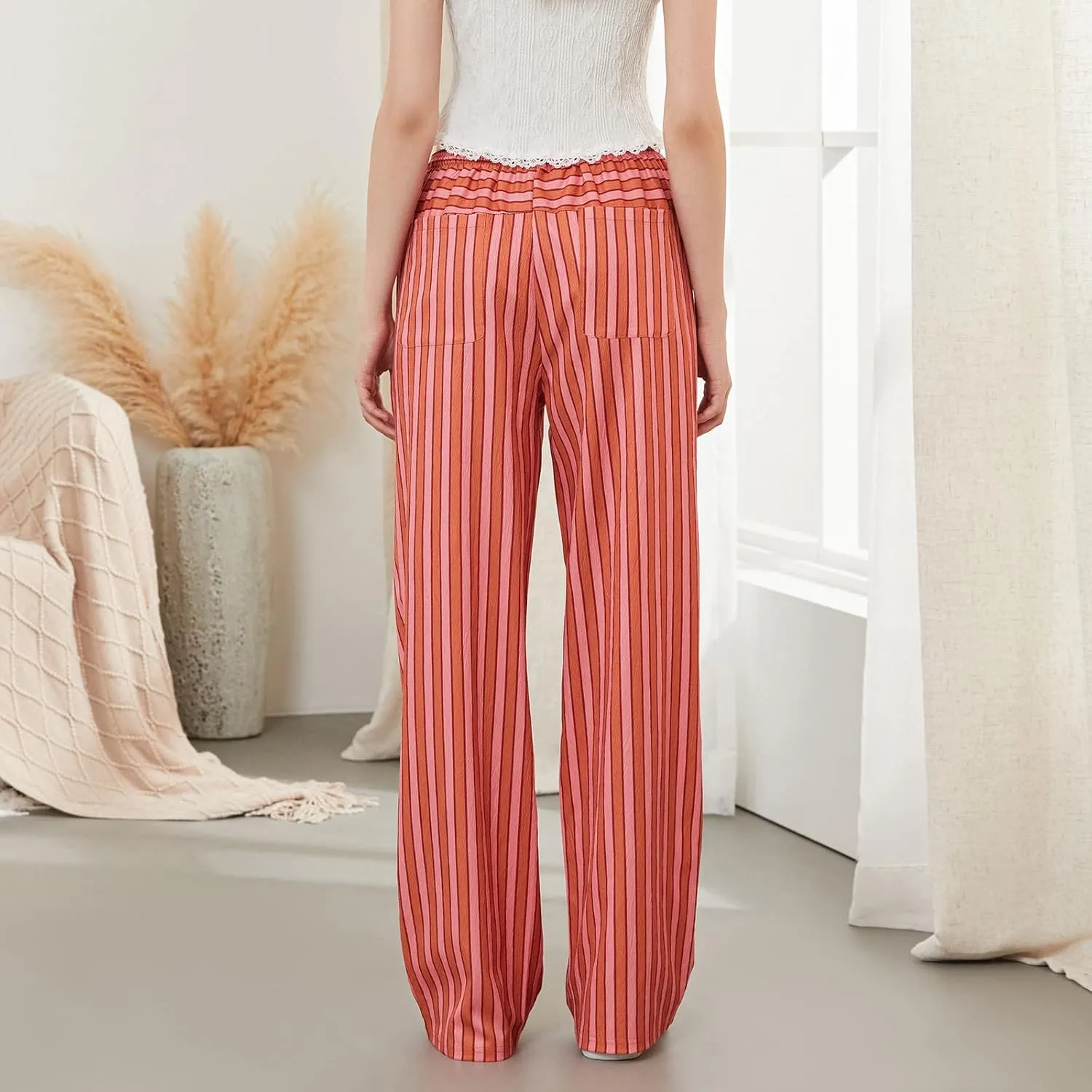 Women Y2k Striped Long Pants Wide Leg Stripes Print Lounge Pants High Waist Drawstring Striped Trousers