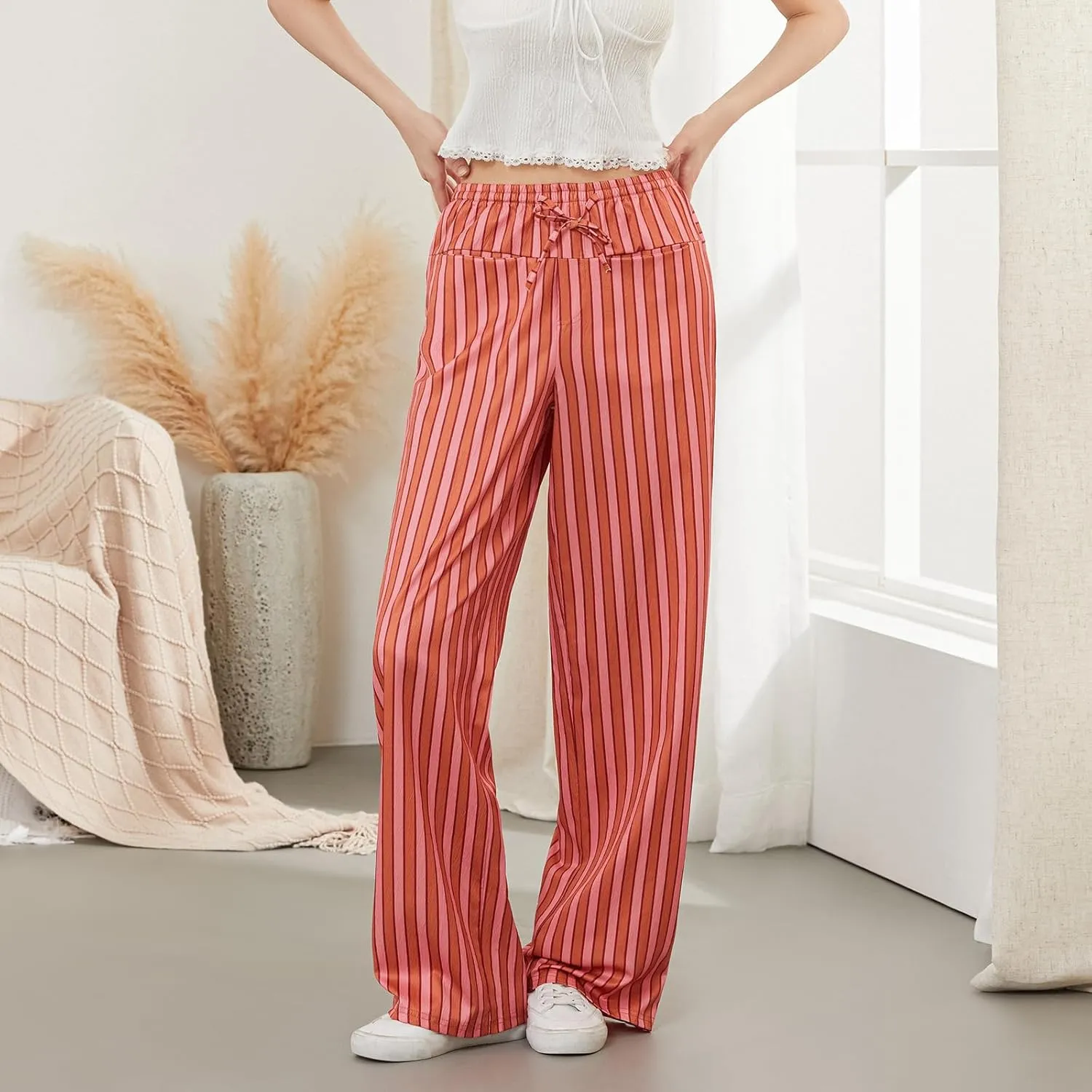 Women Y2k Striped Long Pants Wide Leg Stripes Print Lounge Pants High Waist Drawstring Striped Trousers