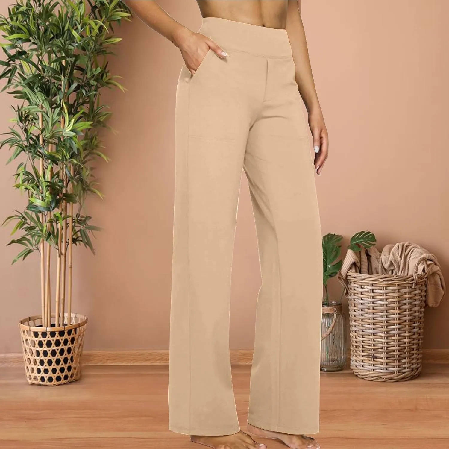 Women Yoga Pants High Waist Wide Leg Work Pants Comfy Stretch Lounge Trousers Solid Flare Sweatpants with Pockets