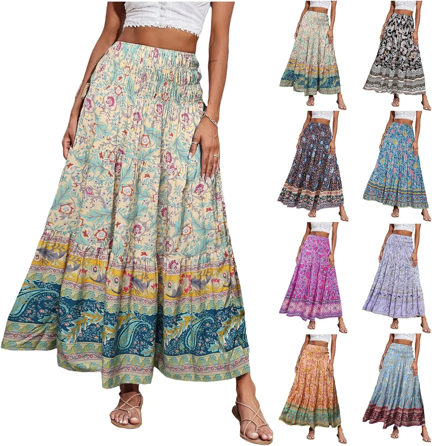 Womens Bohemian Skirts Summer Floral Print Flowy Long Skirts High Waist A Line Maxi Skirt Pleated Long Beach Dress