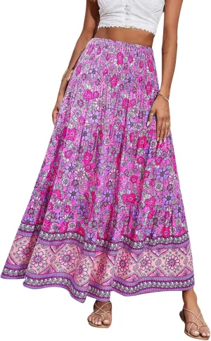 Womens Bohemian Skirts Summer Floral Print Flowy Long Skirts High Waist A Line Maxi Skirt Pleated Long Beach Dress