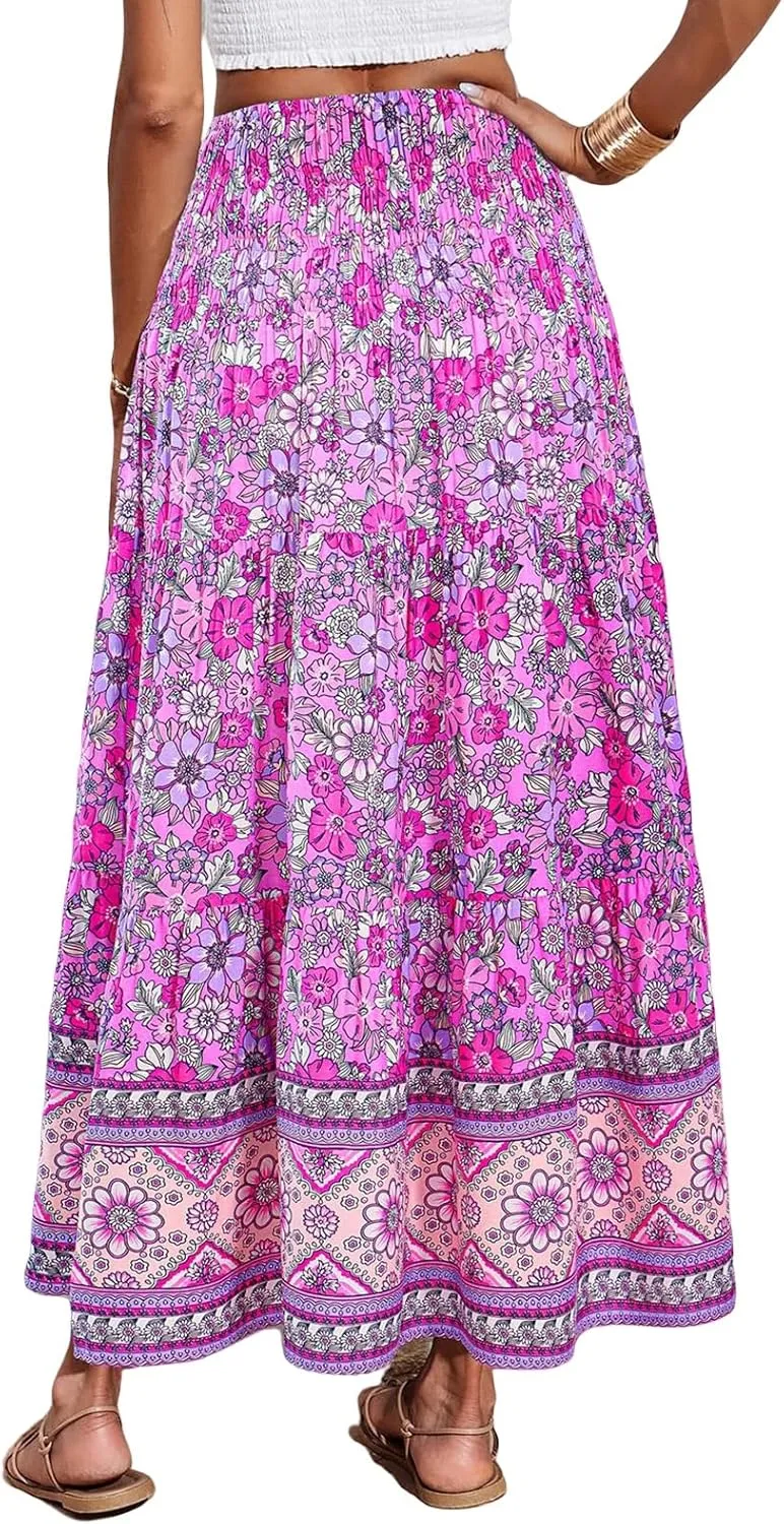 Womens Bohemian Skirts Summer Floral Print Flowy Long Skirts High Waist A Line Maxi Skirt Pleated Long Beach Dress