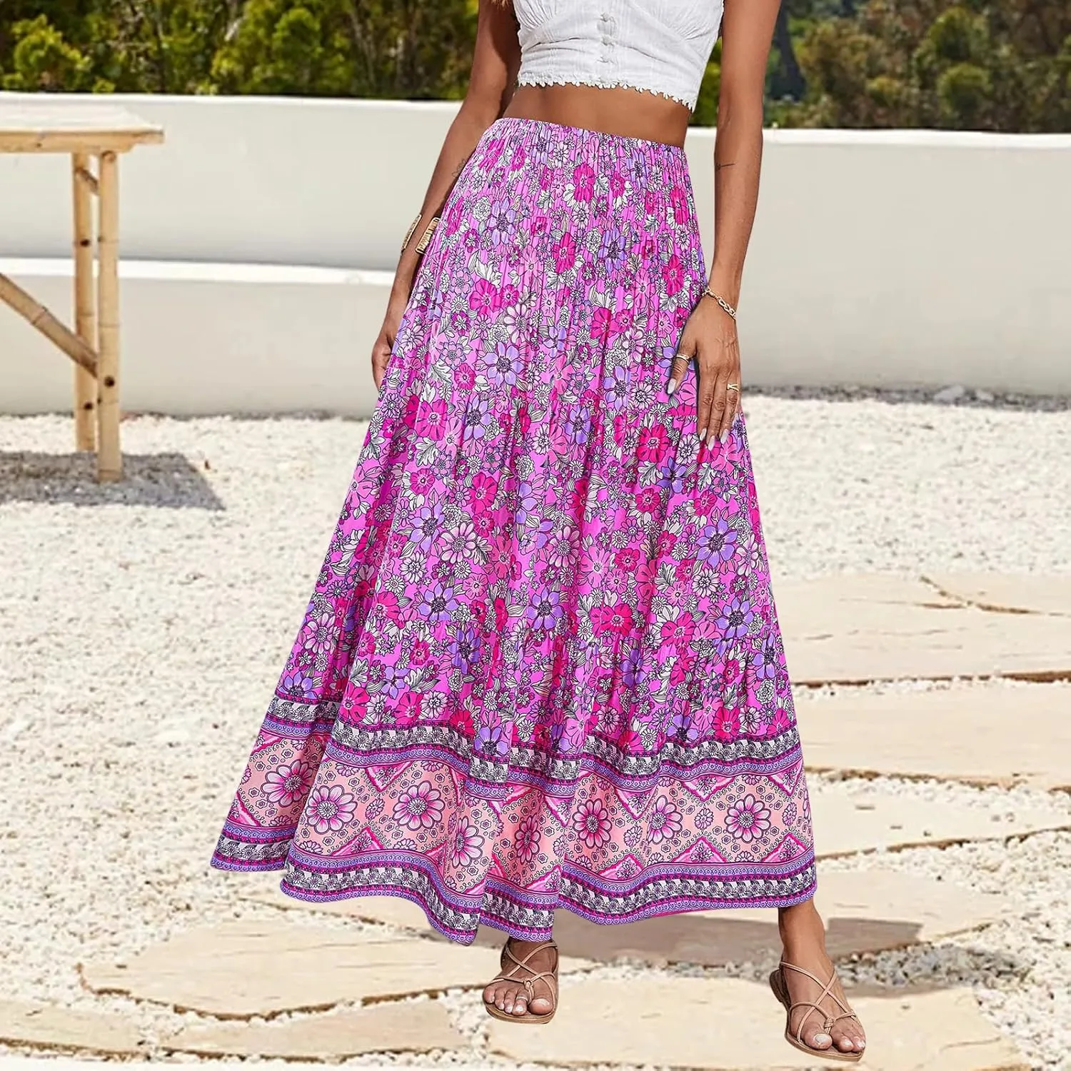 Womens Bohemian Skirts Summer Floral Print Flowy Long Skirts High Waist A Line Maxi Skirt Pleated Long Beach Dress