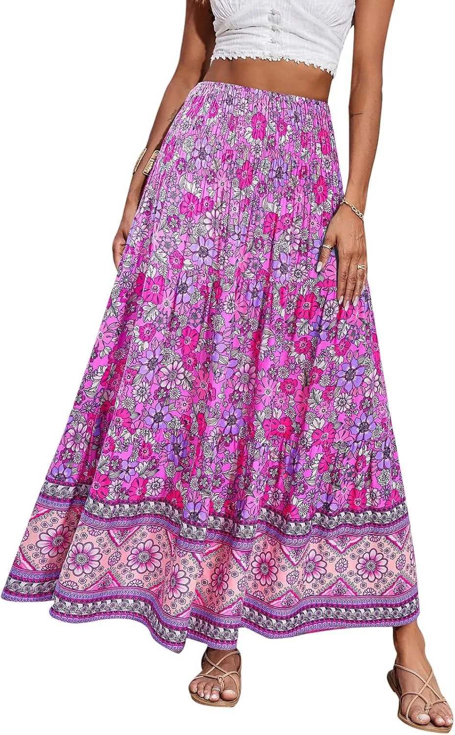 Womens Bohemian Skirts Summer Floral Print Flowy Long Skirts High Waist A Line Maxi Skirt Pleated Long Beach Dress